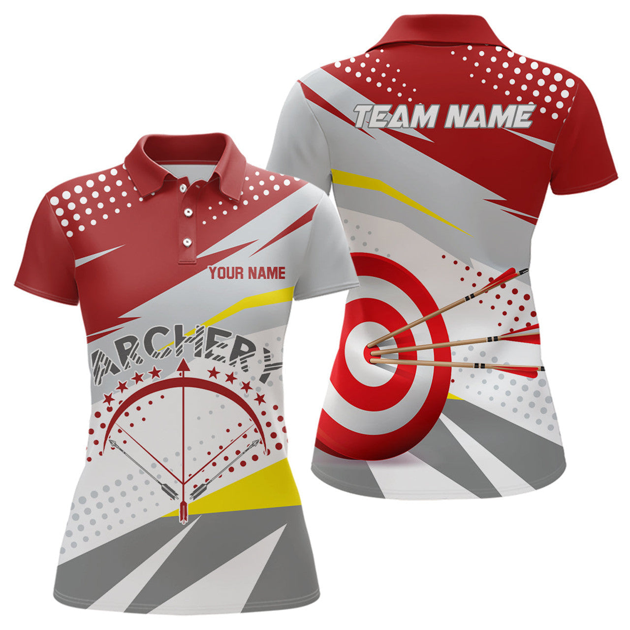 Custom Personalized Grey Red 3D Target Archery Polo Shirts For Women, Custom Bow Archery Team Shirts
