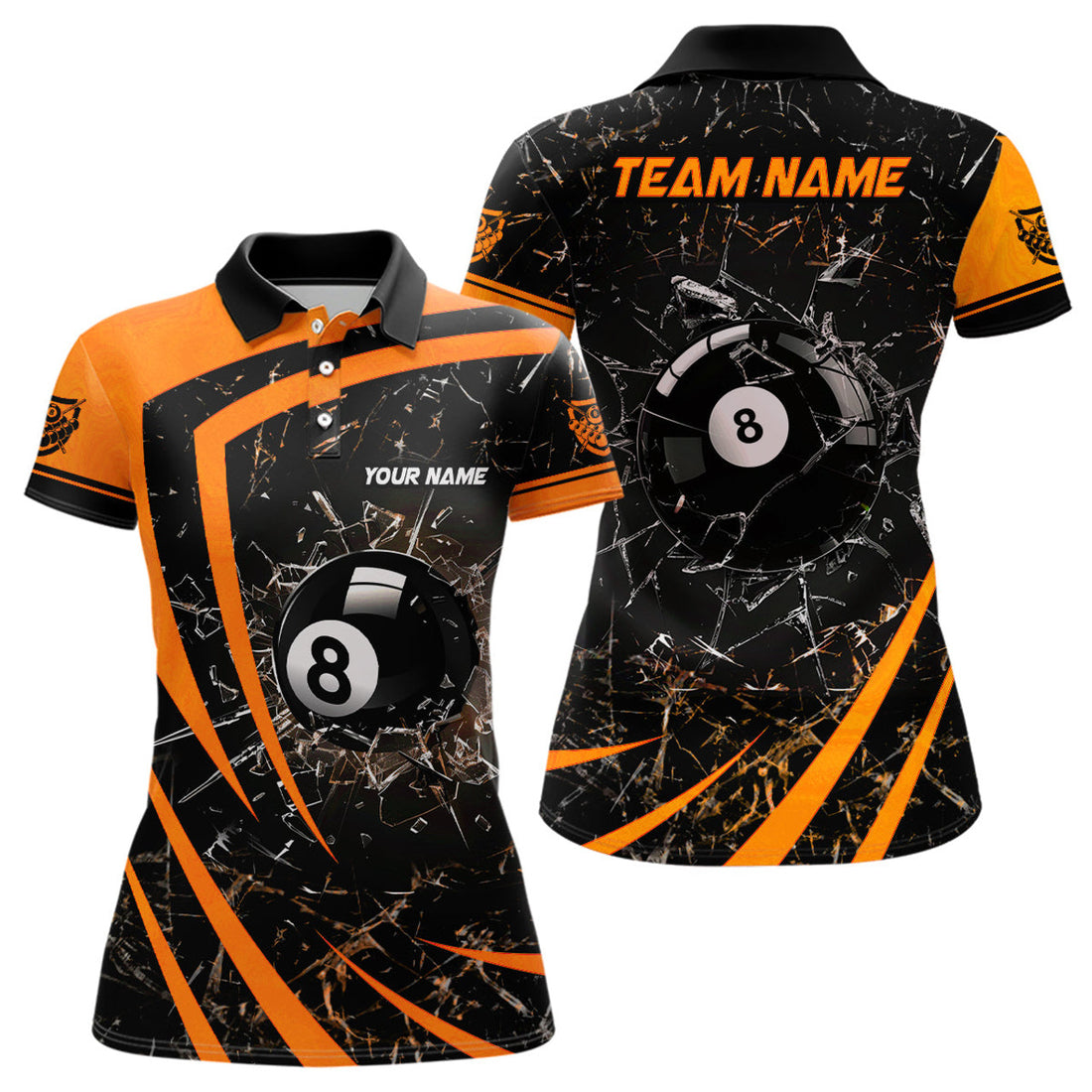 Custom Personalized Orange Glass Break 8 Ball Billiard 3D Polo Shirts For Women, Custom 8 Ball Pool Jerseys