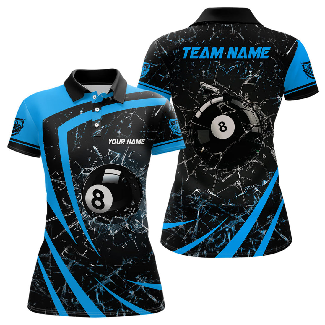 Custom Personalized Blue Glass Break 8 Ball Billiard 3D Polo Shirts For Women, Custom 8 Ball Pool Jerseys