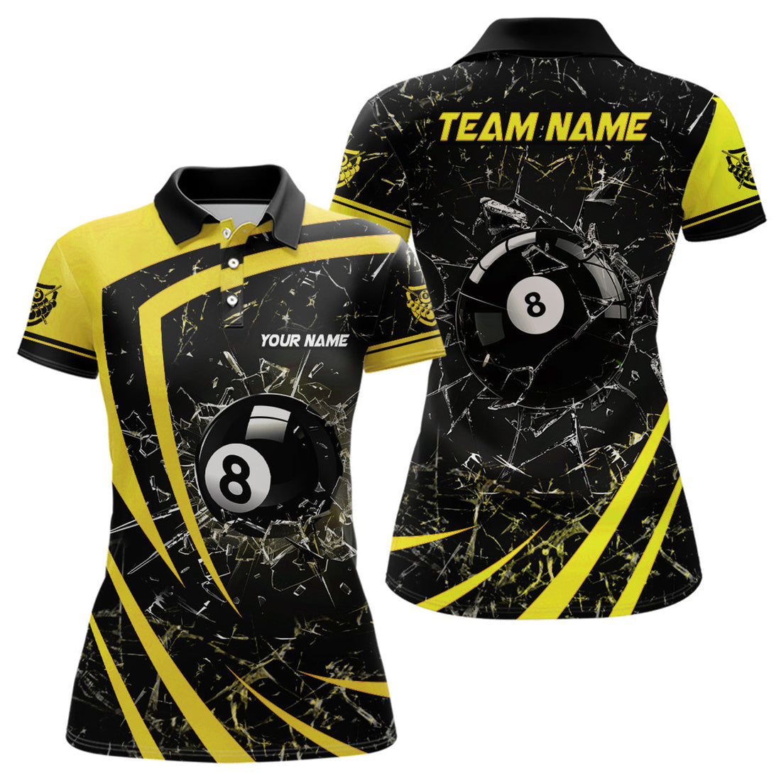 Custom Personalized Yellow Glass Break 8 Ball Billiard 3D Polo Shirts For Women, Custom 8 Ball Pool Jerseys
