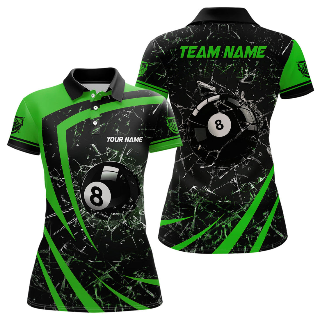 Custom Personalized Green Glass Break 8 Ball Billiard 3d Polo Shirts For Women, Custom 8 Ball Pool Jerseys