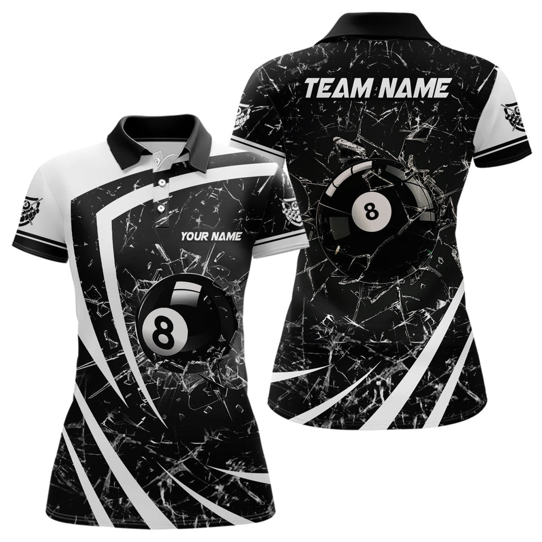 Custom Personalized White Black Glass Break 8 Ball Billiard 3D Polo Shirts For Women 8 Ball Pool Jerseys