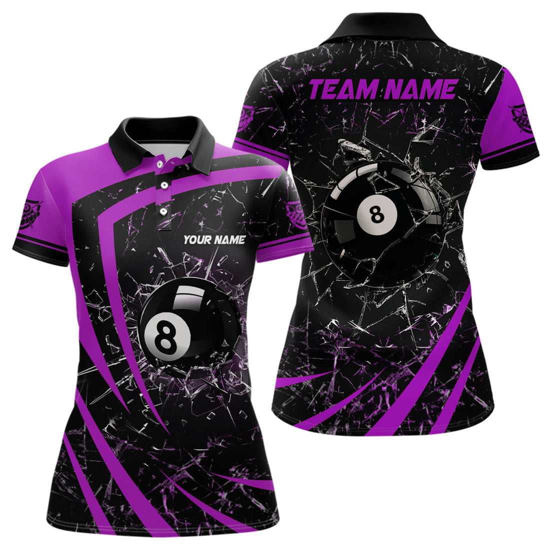 Custom Personalized Purple Glass Break 8 Ball Billiard 3D Polo Shirts For Women, Custom 8 Ball Pool Jerseys