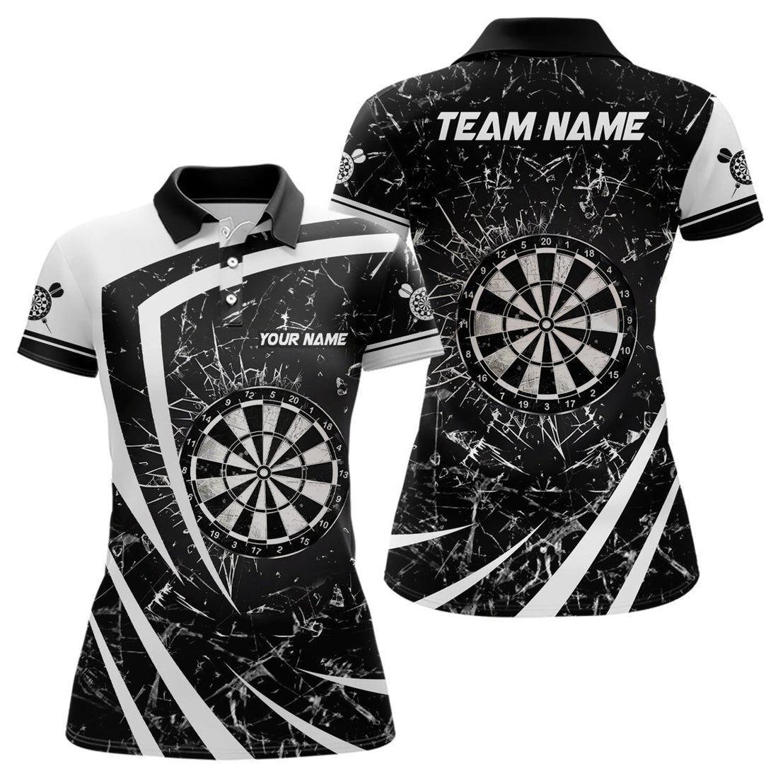 Custom Personalized Black White Glass Break Dart Polo Shirts Custom Dart Shirts For Women Dart Team Shirts