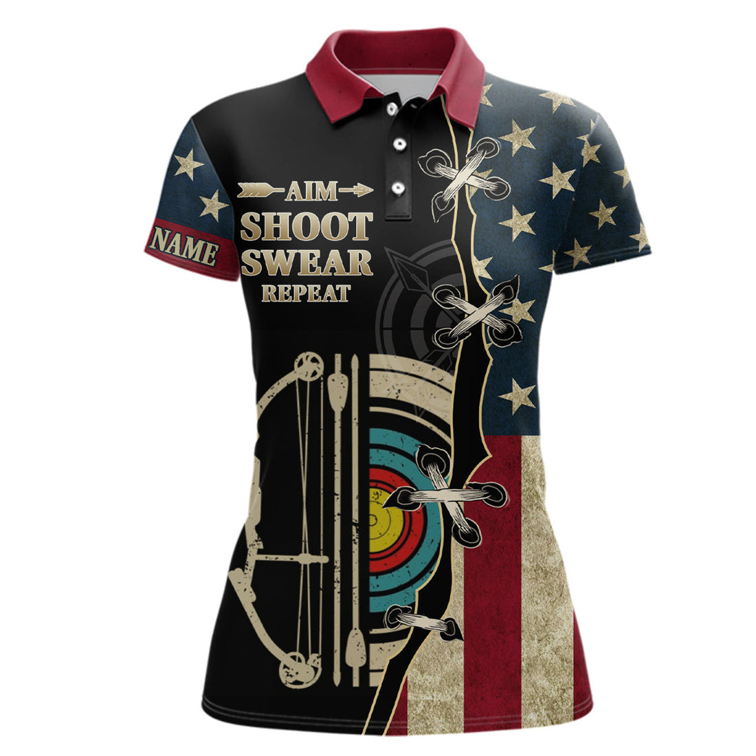 Custom Personalized Aim Shoot Swear Repeat US Flag Archery Polo Shirts For Women Custom Retro Target Archery Shirts