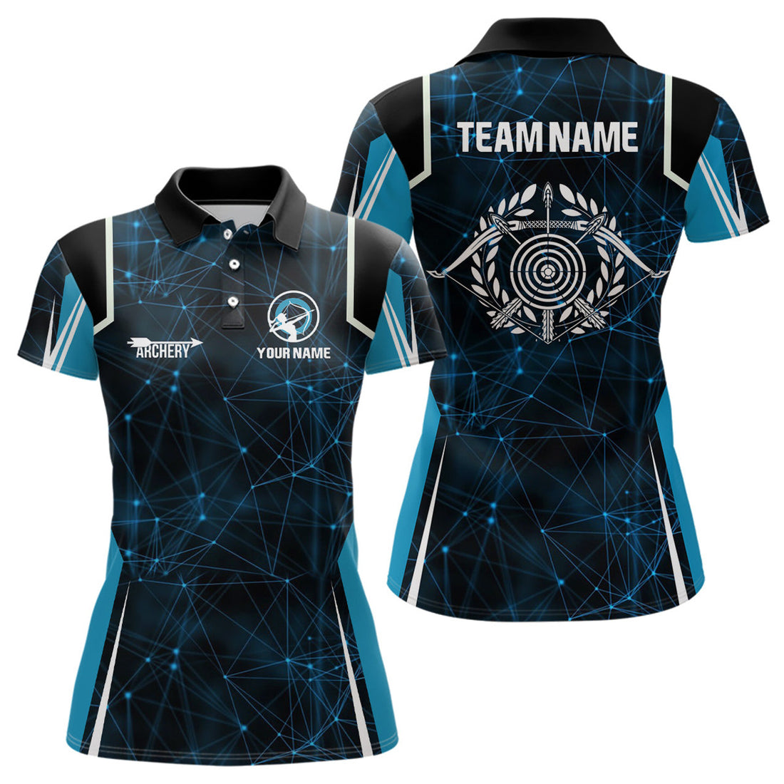 Custom Personalized Blue 3D Target Archery Polo Shirts For Women, Custom Bow And Arrow Archery Shirts