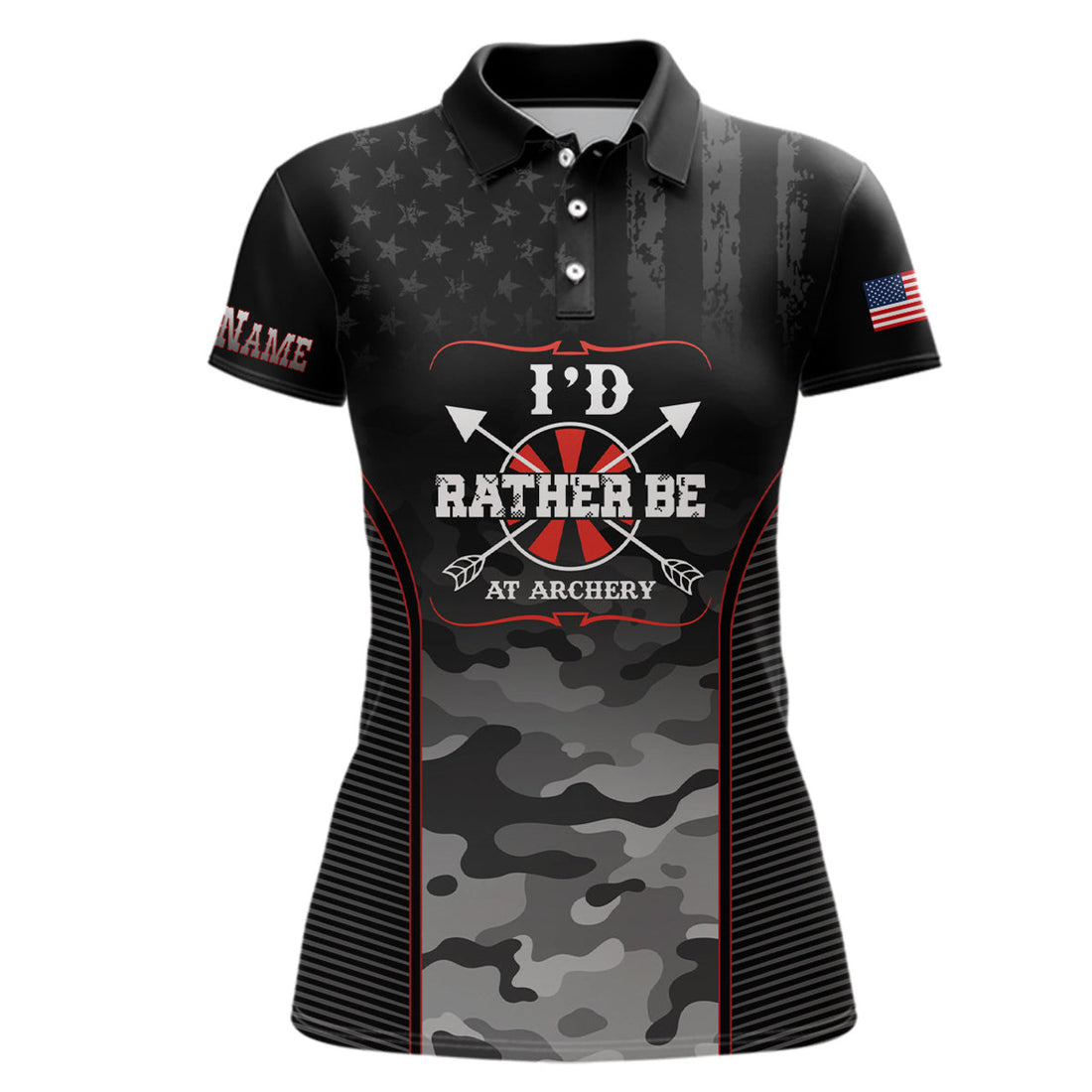 Custom Personalized American Flag Camouflage Archery Polo Shirts For Women, Custom Name Archery Jerseys