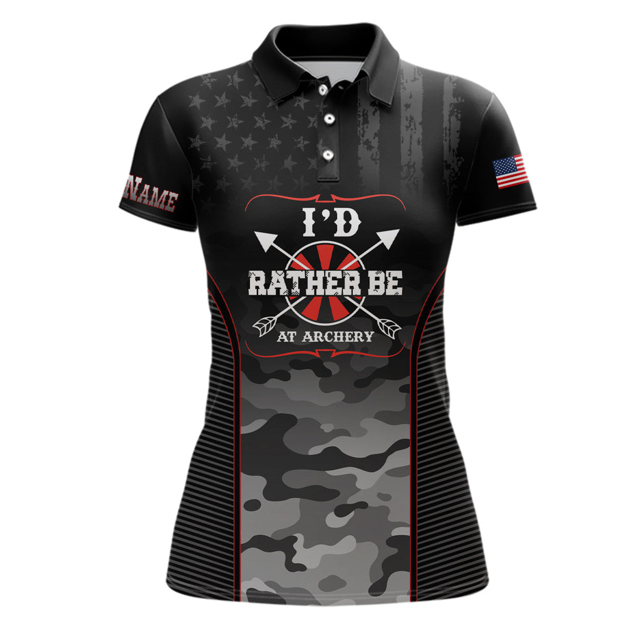 Custom Personalized American Flag Camouflage Archery Polo Shirts For Women, Custom Name Archery Jerseys