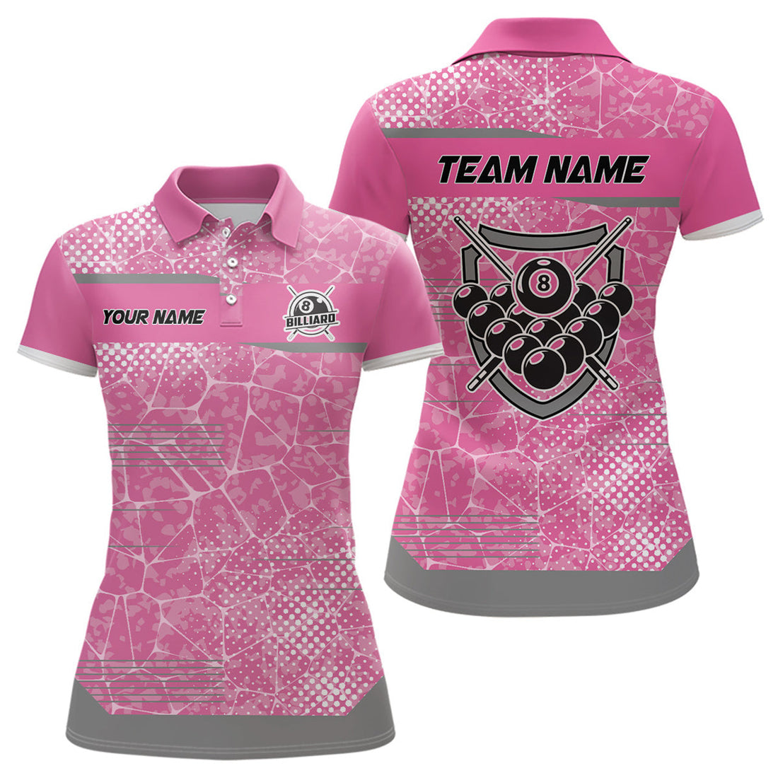 Custom Personalized Pink Grey 8 Ball Billiard Polo Shirts For Women, Custom Billiard Balls Team Jerseys