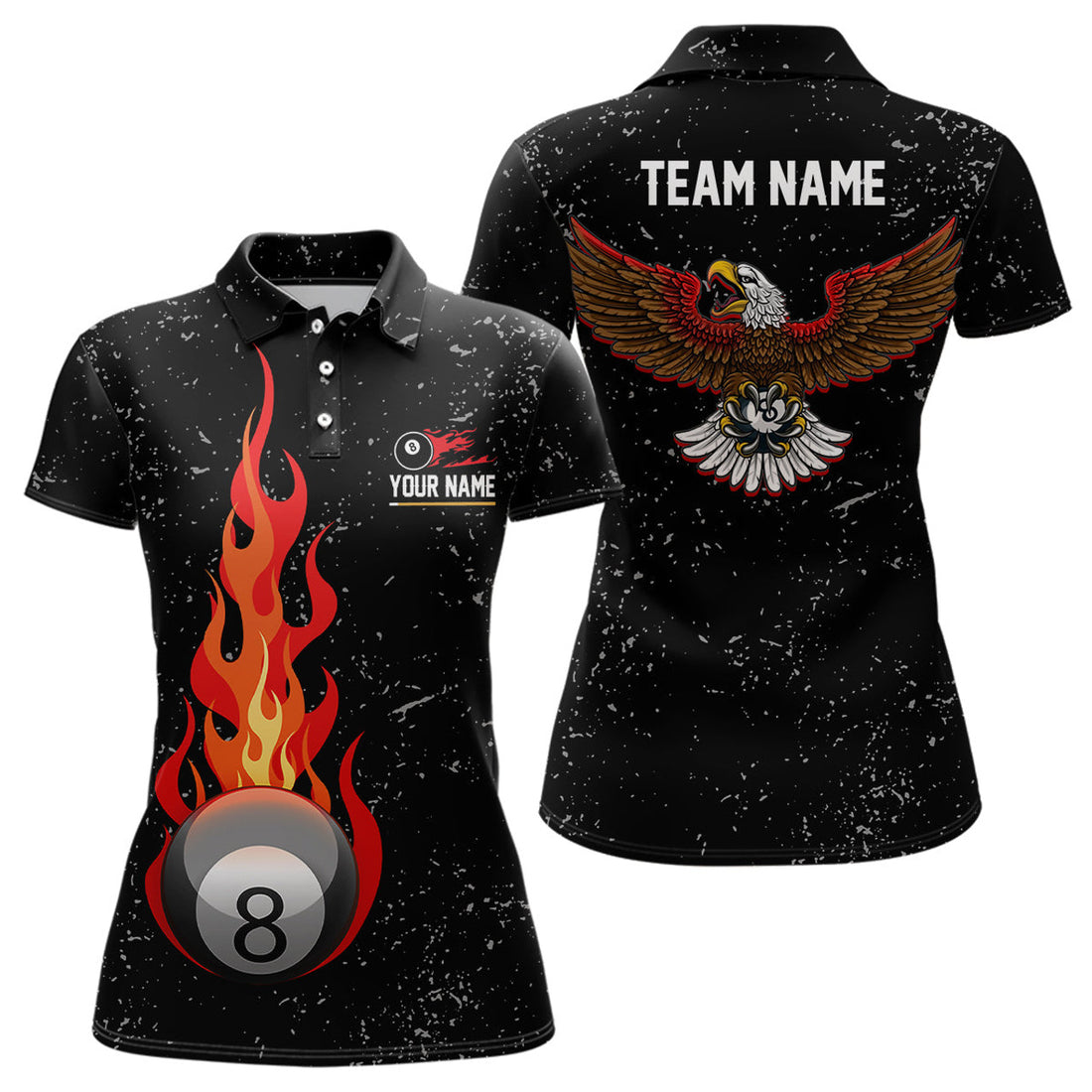 Custom Personalized Grunge Black Flame 8 Ball Pool Polo Shirts For Women, Custom Eagle Billiard 8 Ball Shirt