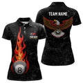 Custom Personalized Grunge Black Flame 8 Ball Pool Polo Shirts For Women, Custom Eagle Billiard 8 Ball Shirt