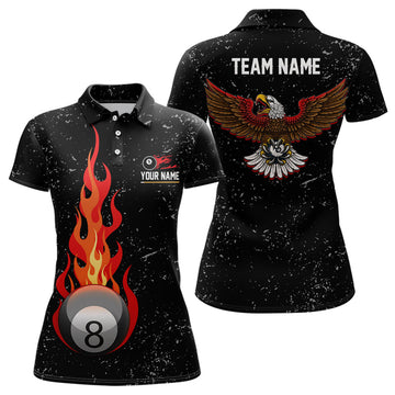 Custom Personalized Grunge Black Flame 8 Ball Pool Polo Shirts For Women, Custom Eagle Billiard 8 Ball Shirt