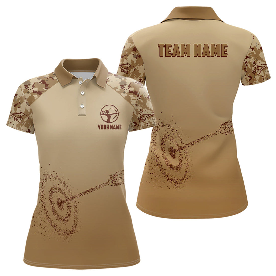 Custom Personalized Light Brown Camo 3D Target Archery Polo Shirts For Women, Custom Archery Team Shirts