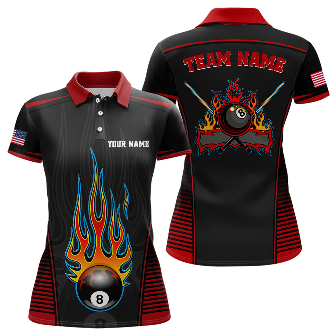 Custom Personalized Red Black Fire 8 Ball Pool Polo Shirts For Women, Custom US Flag Billiard 8 Ball Shirts