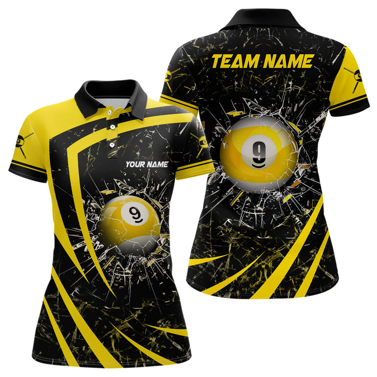 Custom Personalized Yellow Glass Break 9 Ball Pool 3D Polo Shirts For Women Billiards 9 Ball Team Jerseys