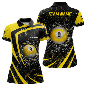 Custom Personalized Yellow Glass Break 9 Ball Pool 3D Polo Shirts For Women Billiards 9 Ball Team Jerseys