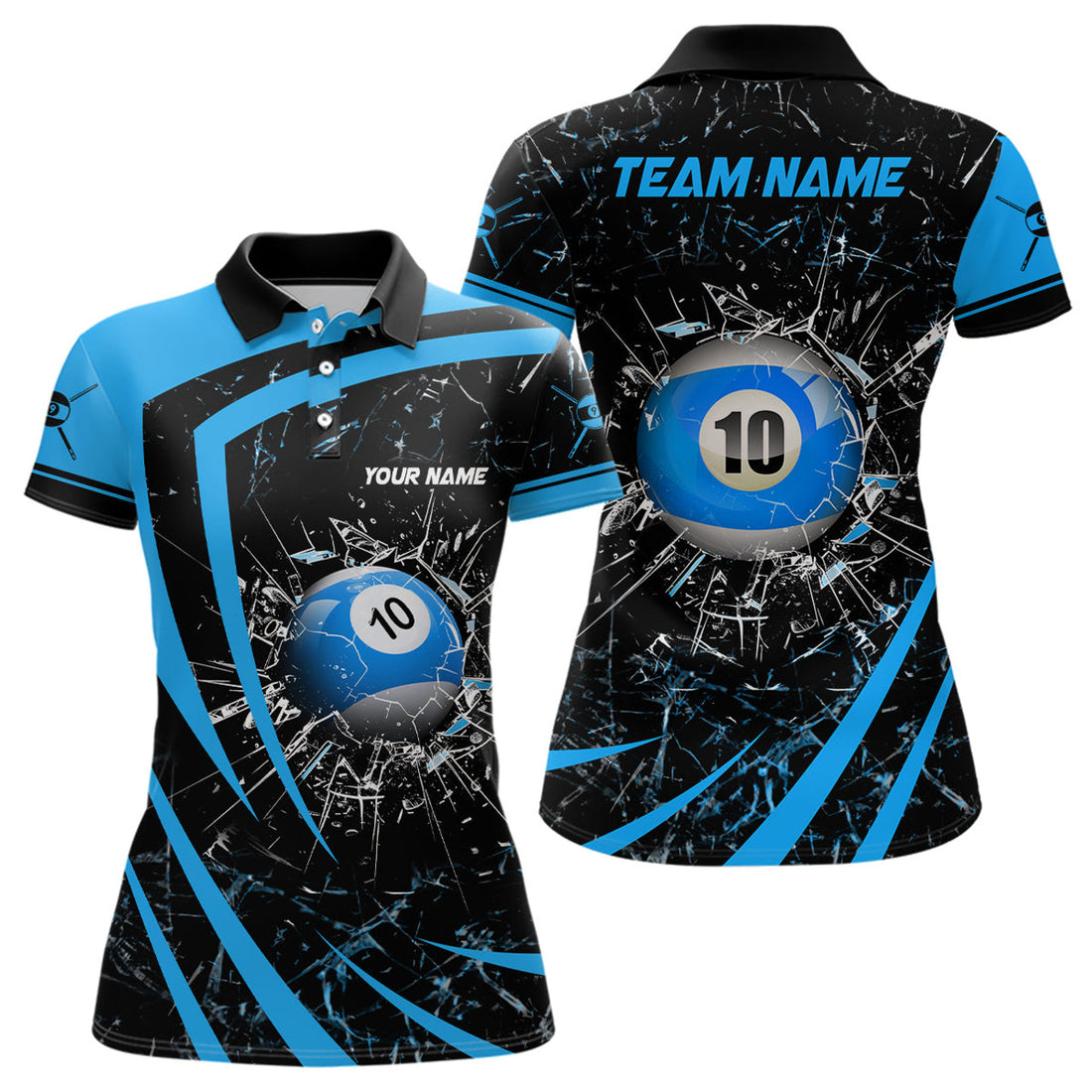 Custom Personalized Blue Glass Break 10 Ball Billiard 3D Polo Shirts For Women, Custom 10 Ball Pool Jerseys