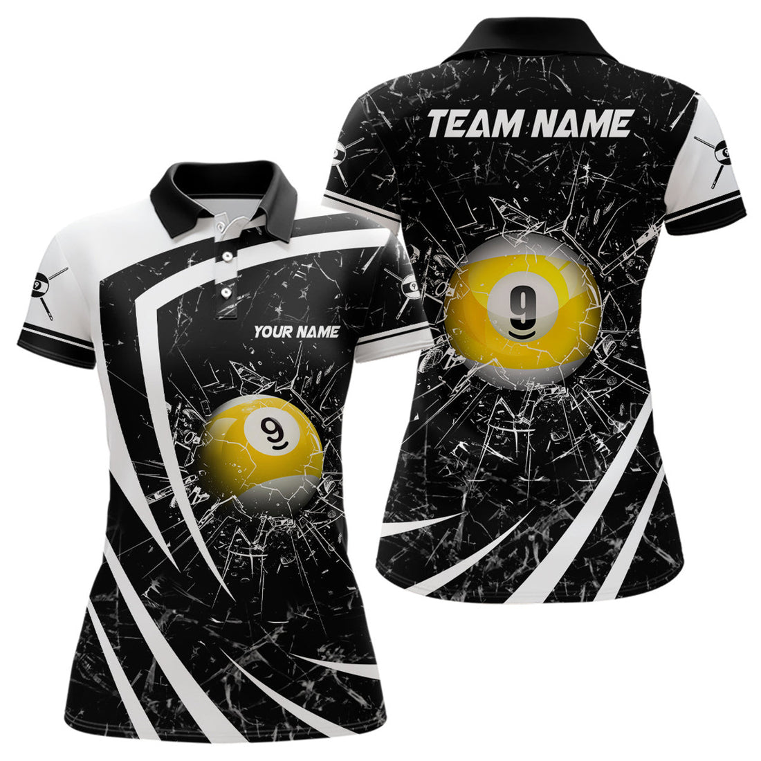 Custom Personalized White Black Glass Break 9 Ball Pool 3D Polo Shirts For Women Billiard 9 Ball Team Shirts