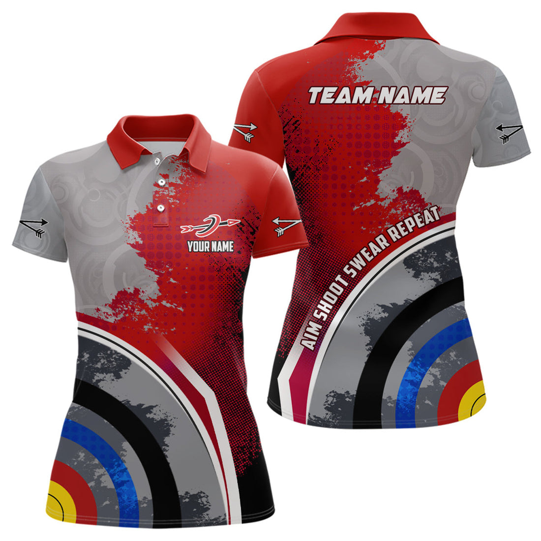 Custom Personalized Aim Shoot Swear Repeat Archery Polo Shirts For Women, Red Grey 3D Target Archery Shirts