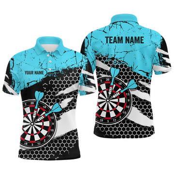 Custom Blue Grunnge Hive Pattern Darts Polo Shirts For Men, Dart Team Jerseys Custom Mens Dart Appare