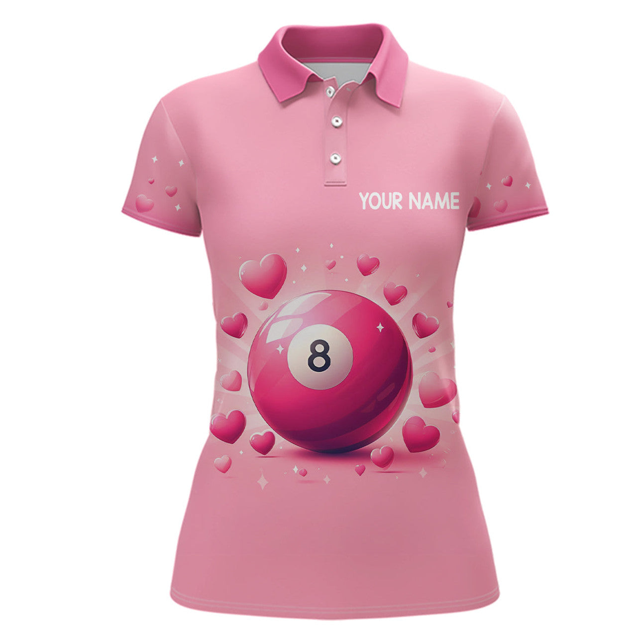 Personalized Pink Valentine 8 Ball Billiard 3D Polo Shirts For Women, Custom Billiard Valentine Gifts
