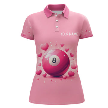 Personalized Pink Valentine 8 Ball Billiard 3D Polo Shirts For Women, Custom Billiard Valentine Gifts