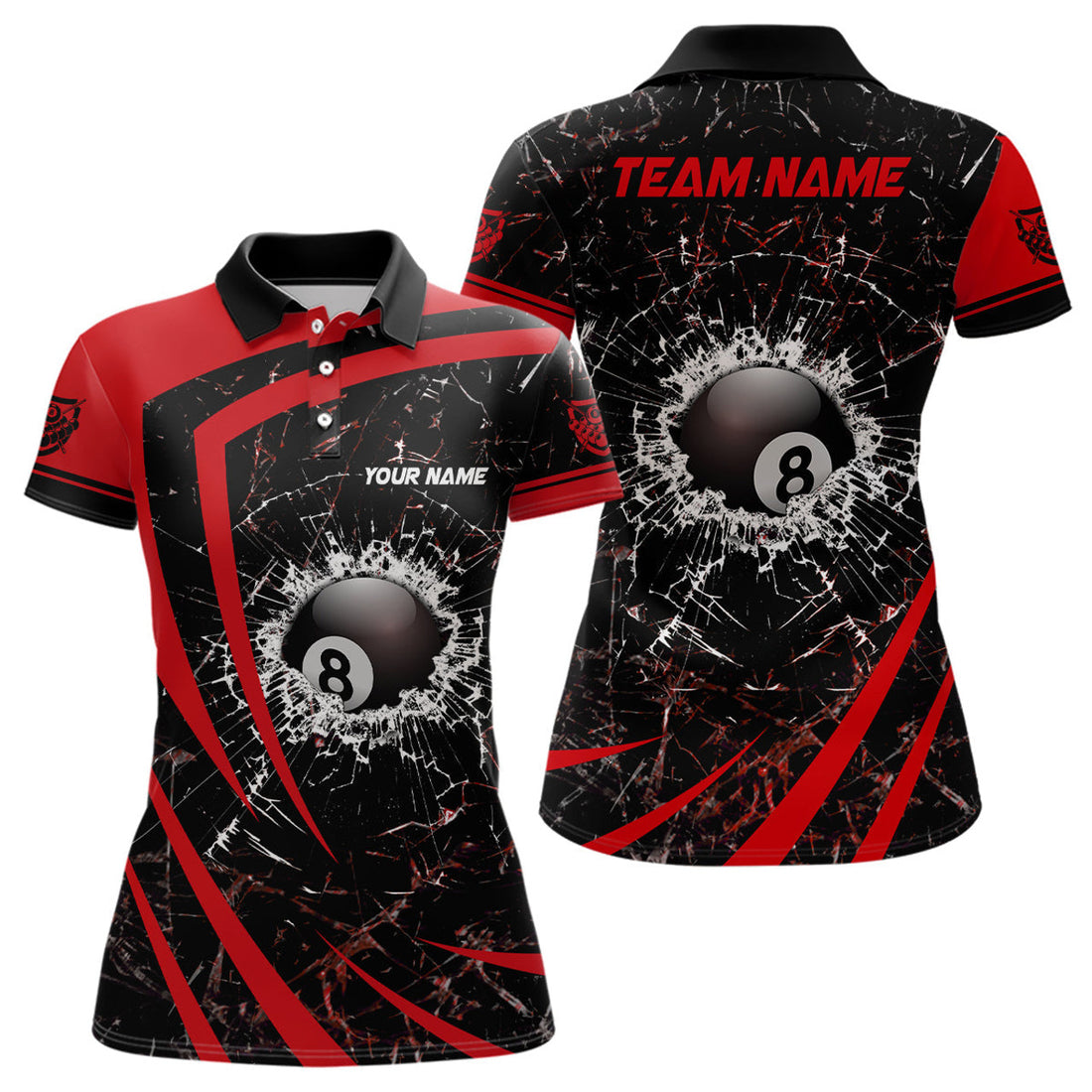 Custom Personalized Red Glass Break 8 Ball Billiard 3D Polo Shirts For Women, Custom 8 Ball Pool Jerseys