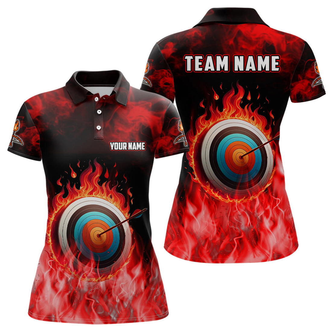 Custom Personalized Red Flaming Target Archery 3D Polo Shirts For Women, Fire Bow And Arrow Archery Jerseys