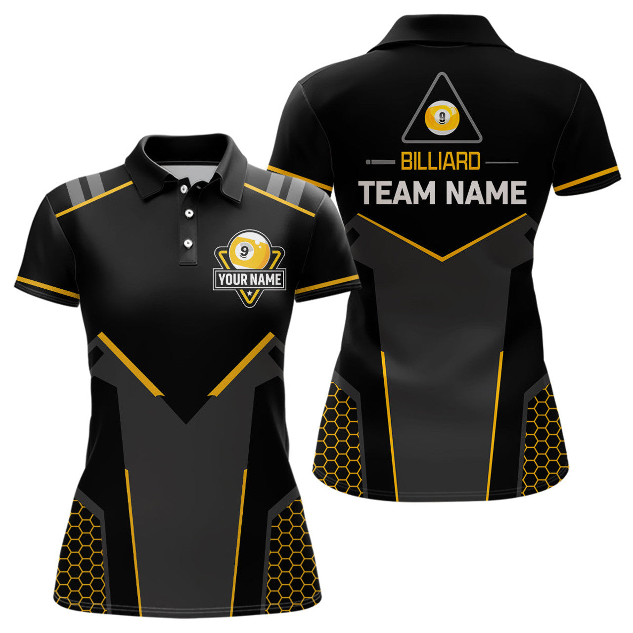 Custom Personalized Style Black Yellow 9 Ball Billiard 3D Polo Shirts For Women, 9 Ball Pool Team Jerseys