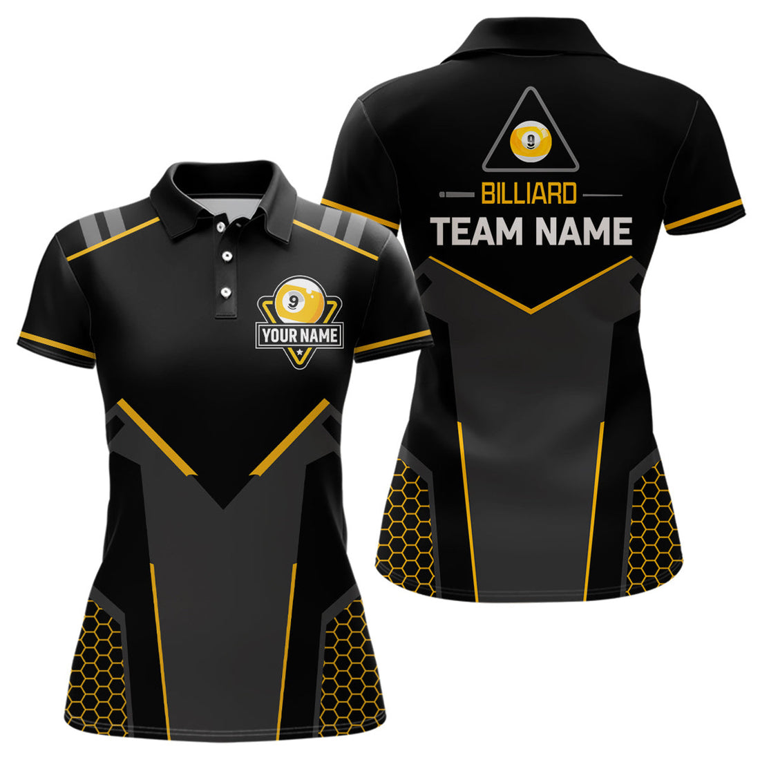 Custom Personalized Style Black Yellow 9 Ball Billiard 3D Polo Shirts For Women, 9 Ball Pool Team Jerseys