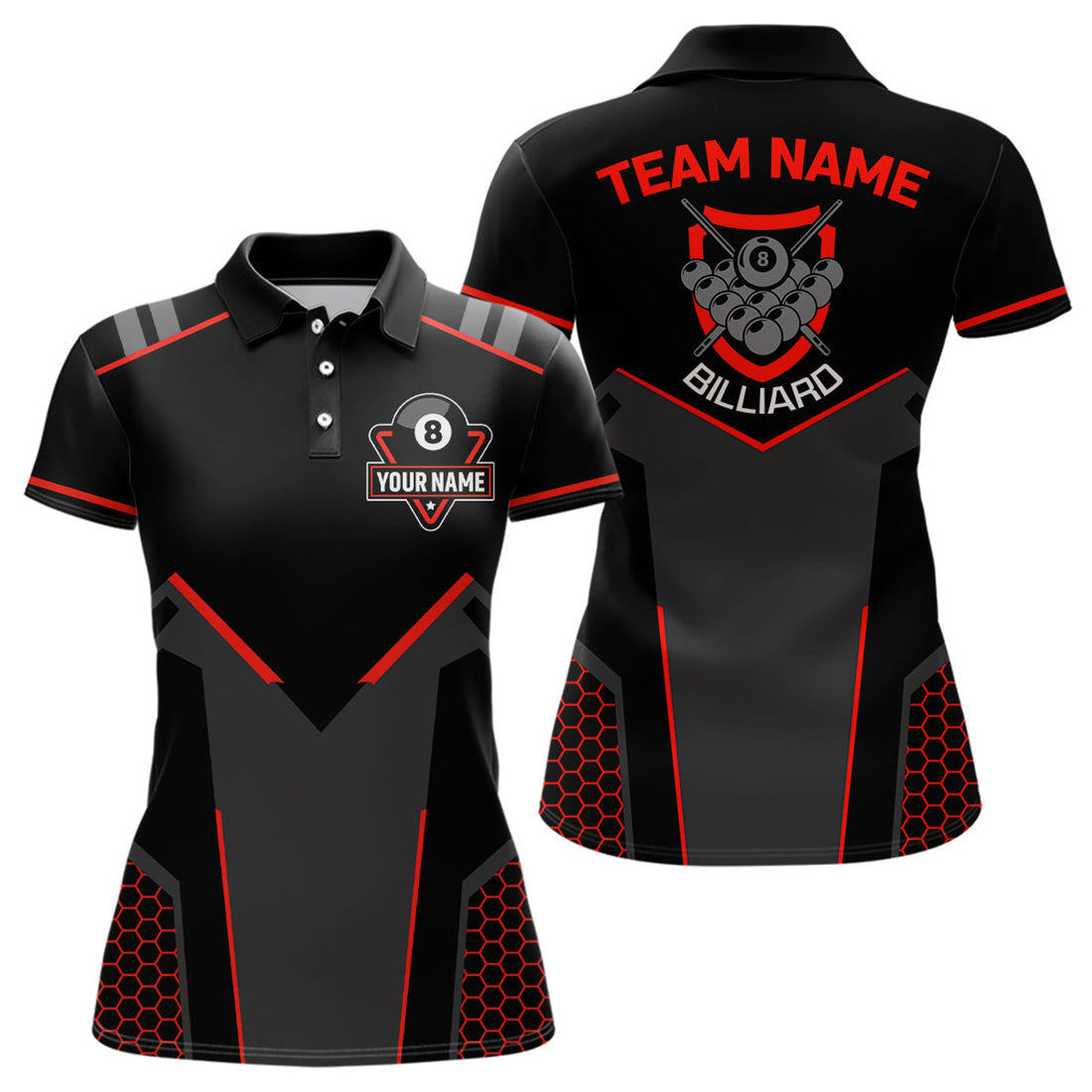 Custom Personalized Style Black Red 8 Ball Billiard 3D Polo Shirts For Women, Custom 8 Ball Pool Team Shirts