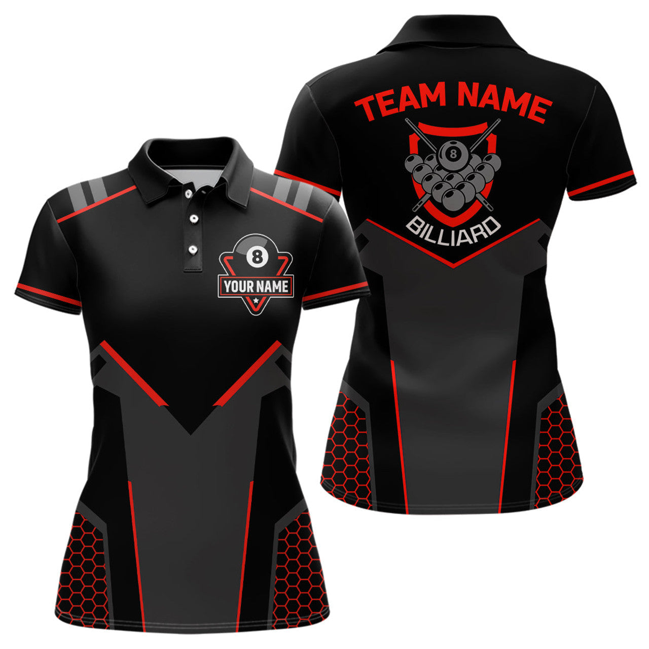 Custom Personalized Style Black Red 8 Ball Billiard 3D Polo Shirts For Women, Custom 8 Ball Pool Team Shirts