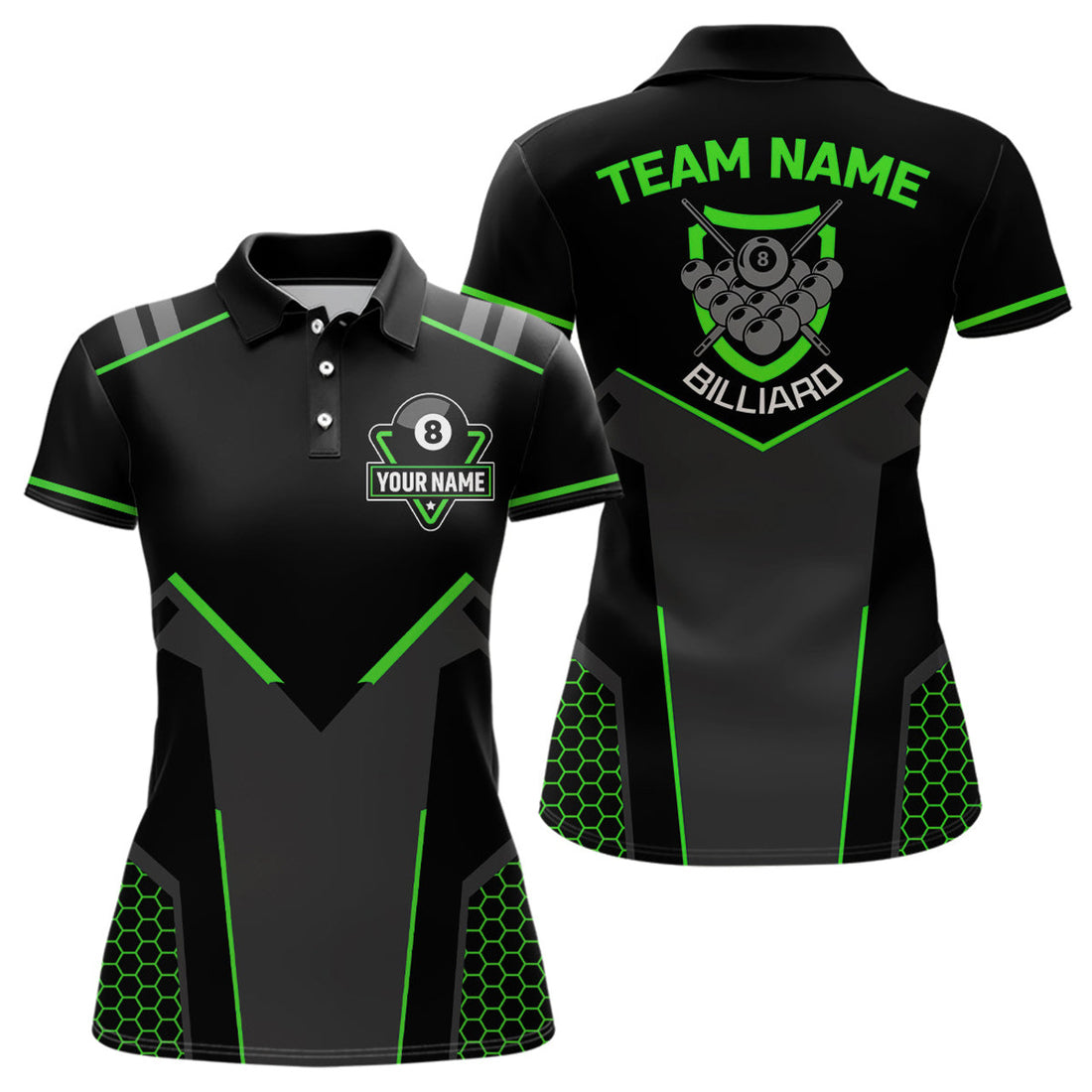 Custom Personalized Style Black Green 8 Ball Billiard 3D Polo Shirts For Women, 8 Ball Pool Team Jerseys