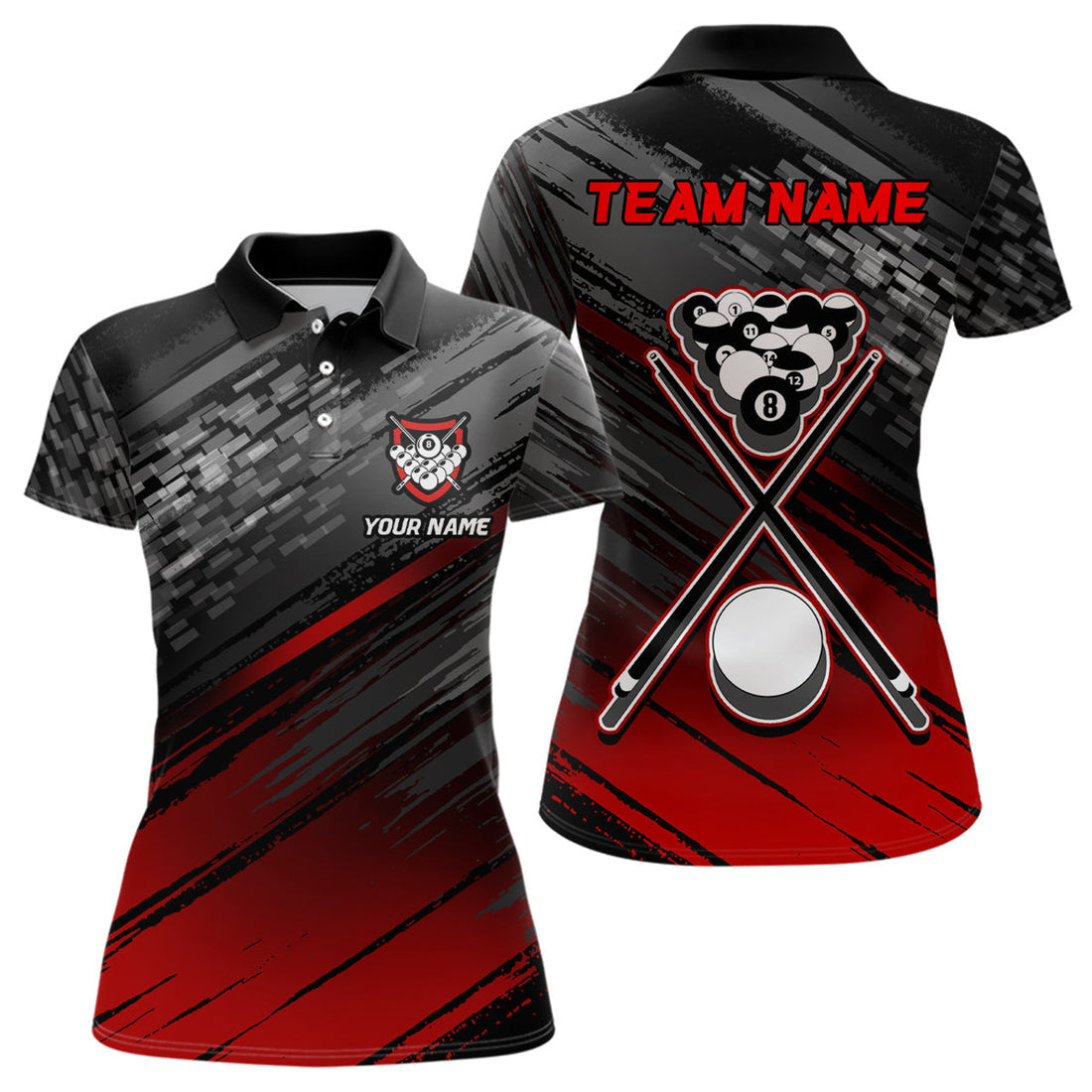 Custom Personalized Sports Style Black Red 8 Ball Pool Polo Shirts For Women, Custom Billiard 8 Ball Jerseys