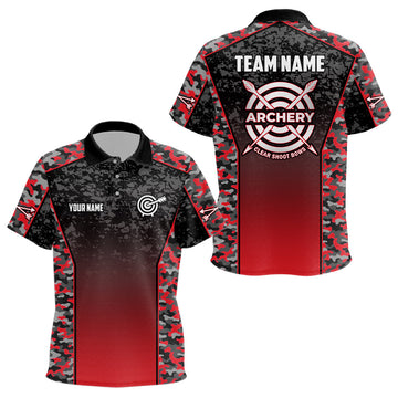 Personalized Camo Red Archery Polo Shirts For Kids Custom Archery Jerseys Kids Archery Team Shirts