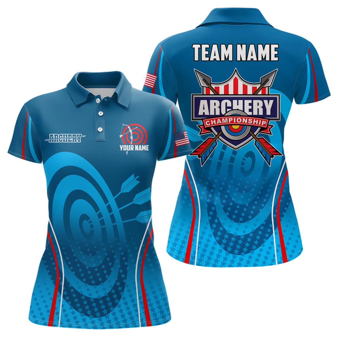 Custom Personalized Blue Red Target Archery Polo Shirts For Women, Archery Champion US Flag Archery Shirts
