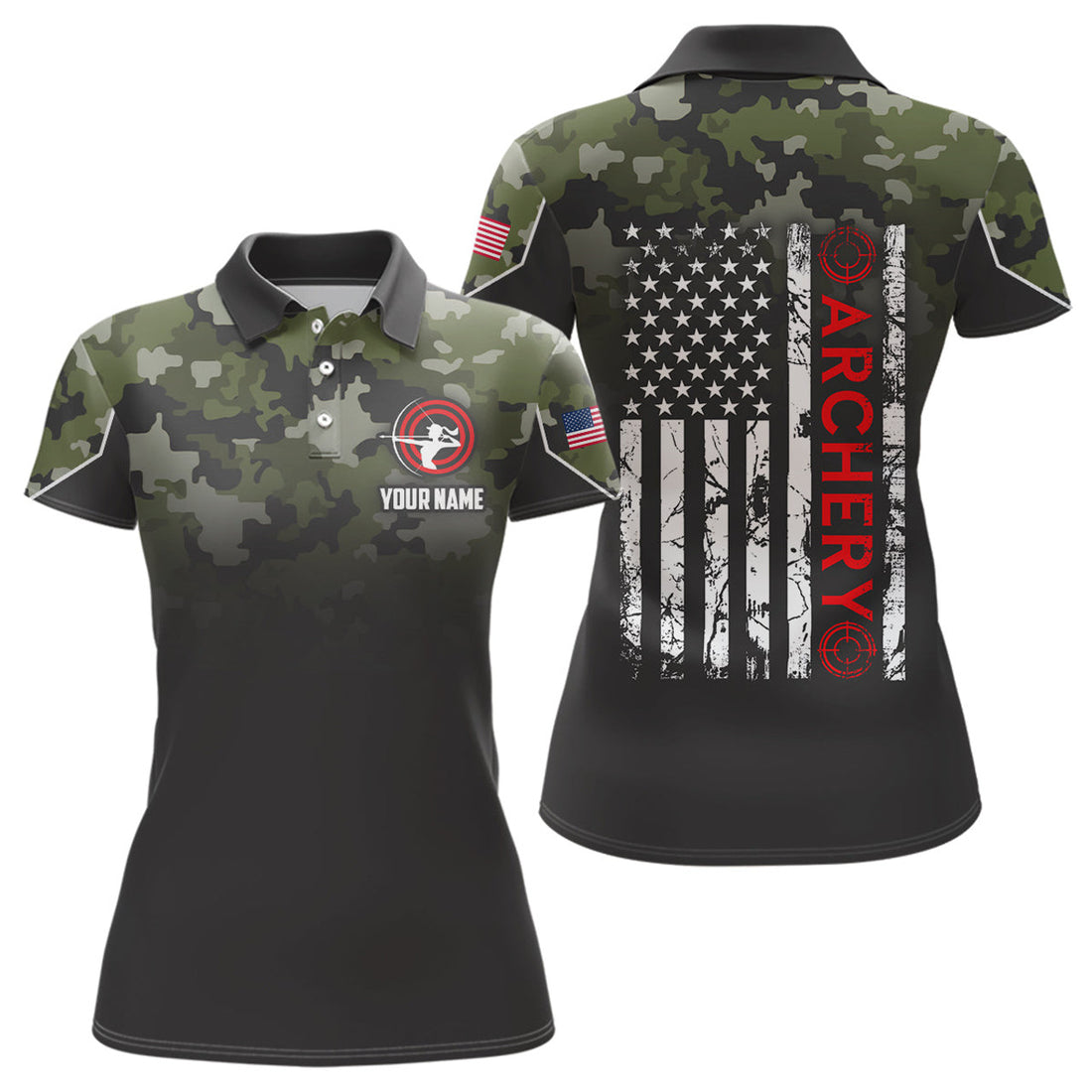 Custom Personalized Green Camouflage Archery Polo Shirts For Women Custom Grunge US Flag Archery Shirts