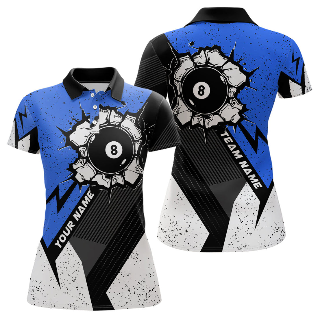 Custom Personalized Style Blue Grunge 8 Ball Billiard 3D Polo Shirts For Women, 8 Ball Pool Team Jerseys