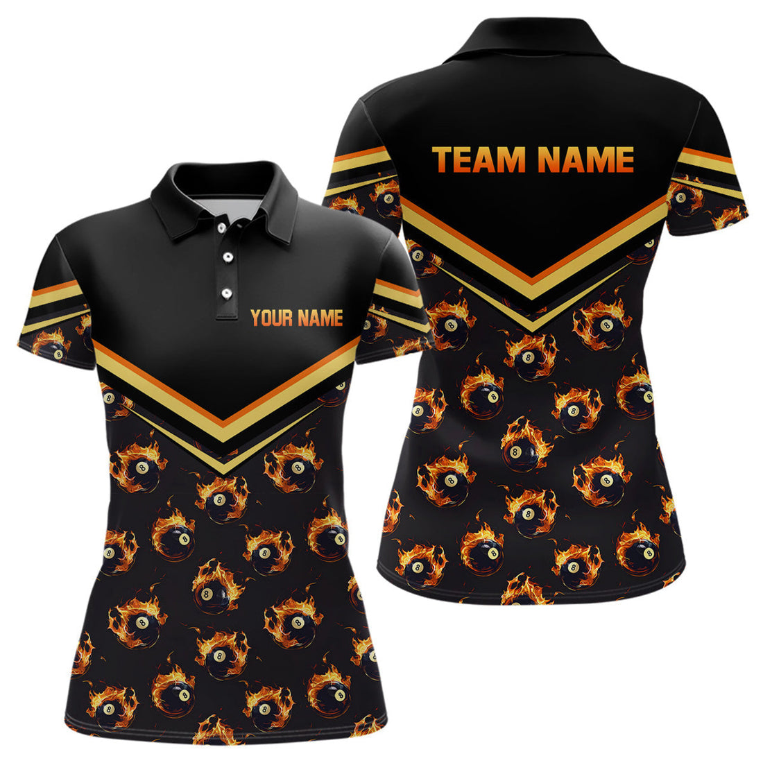 Custom Personalized Flame 8 Ball Pool Polo Shirts For Women Billiards Jerseys Custom Billiard Team Shirts