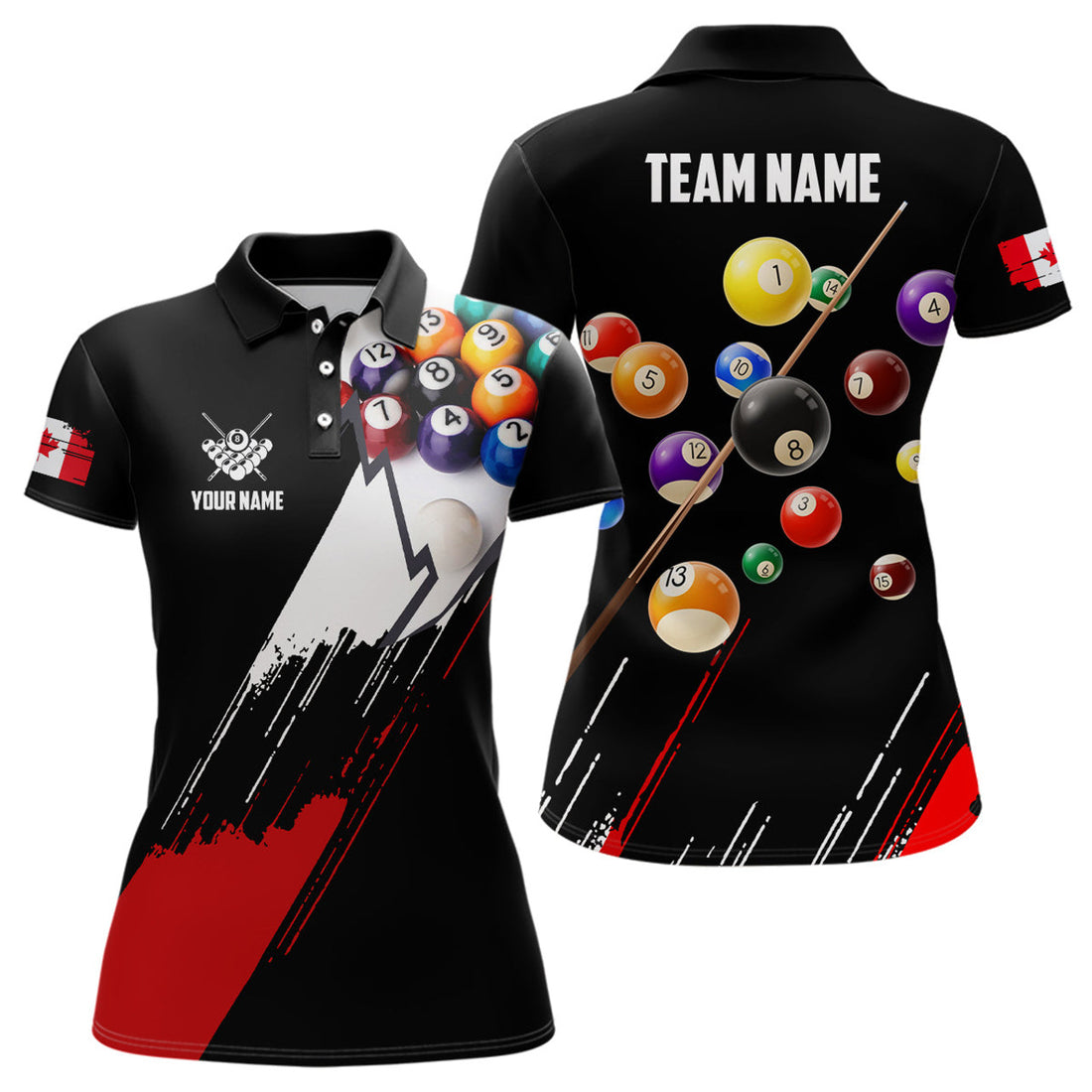 Custom Personalized Red Black Billiard Balls Polo Shirts For Women, Custom Canadian Flag 8 Ball Pool Shirts