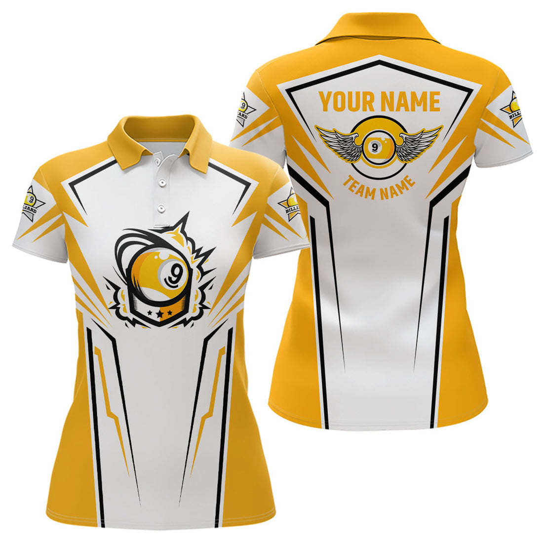 Custom Personalized 3D Funny Billiard 9 Ball Polo Shirts For Women, Custom White Yellow 9 Ball Pool Jerseys
