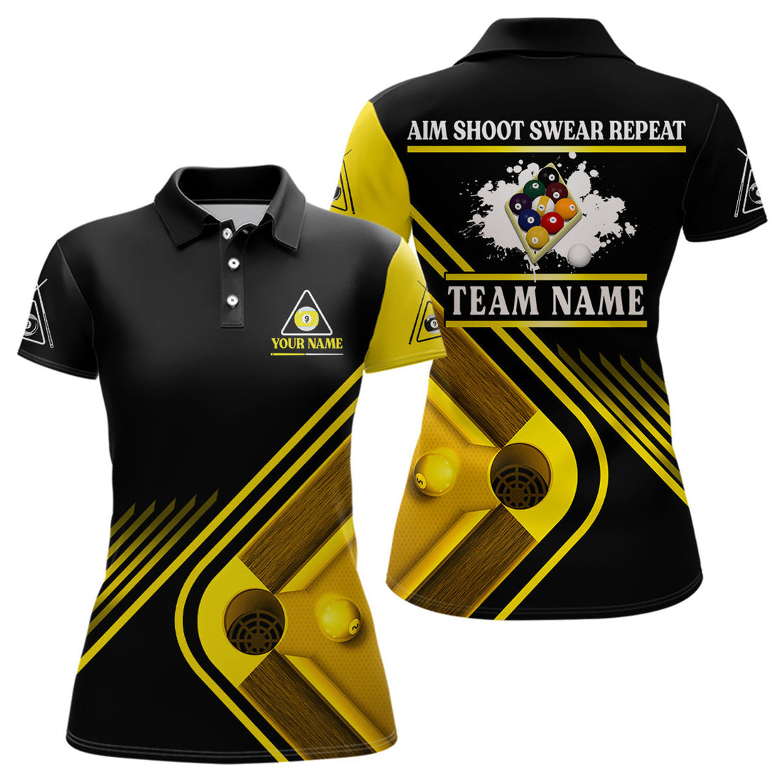 Custom Billiards Aim Shoot Swear Repeat Custom Name Billiard Polo Shirts For Women, 9 Ball Team Shirts