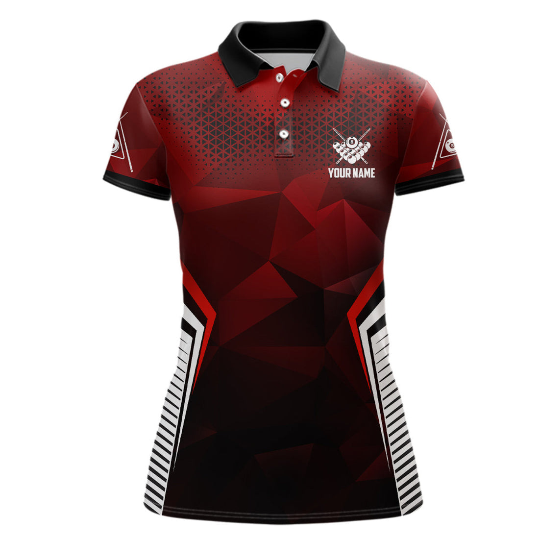 Custom Personalized Red Black 8 Ball Pool Billiard 3D Polo Shirts For Women, Custom 8 Ball Billiard Jerseys