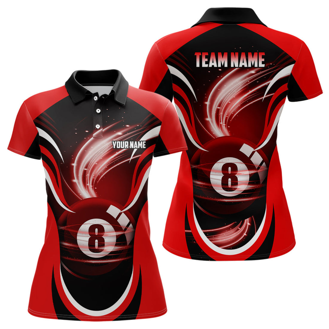 Custom Personalized Red Black 3D 8 Ball Pool Polo Shirts For Women, Custom Billiard 8 Ball Pool Team Shirts