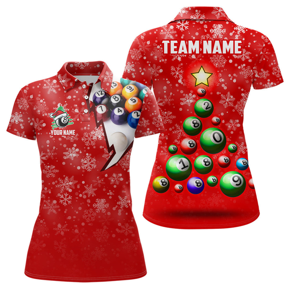 Custom Personalized Christmas Tree Billiard Balls Polo Shirts For Women Custom Christmas 8 Ball Pool Shirts