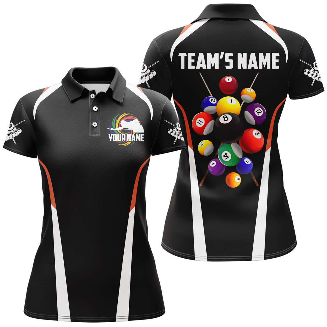 Custom Personalized Billiard Balls 3D Polo Shirts For Women, Custom Black Colors Billiard Players Jerseys