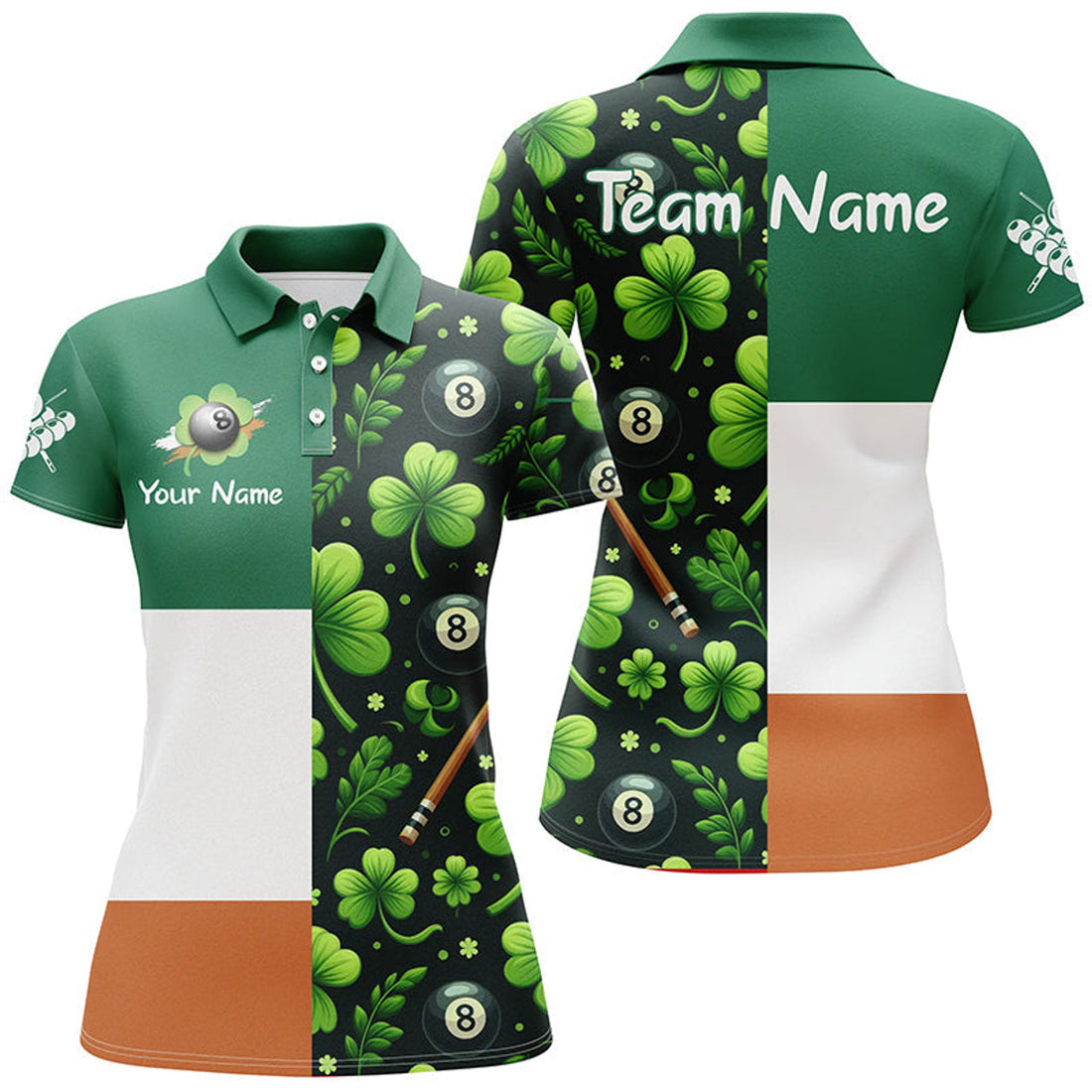 Custom St Patrick's Day Ireland Flag Custom Women Billiard Polo Shirts, Lucky Green Clover Billiard Shirts