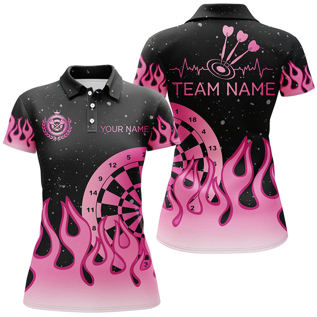Custom Personalized Pink Dartboard Fire Flame Women Darts Polo Shirts Custom Mother's Day Darts Shirt Gifts