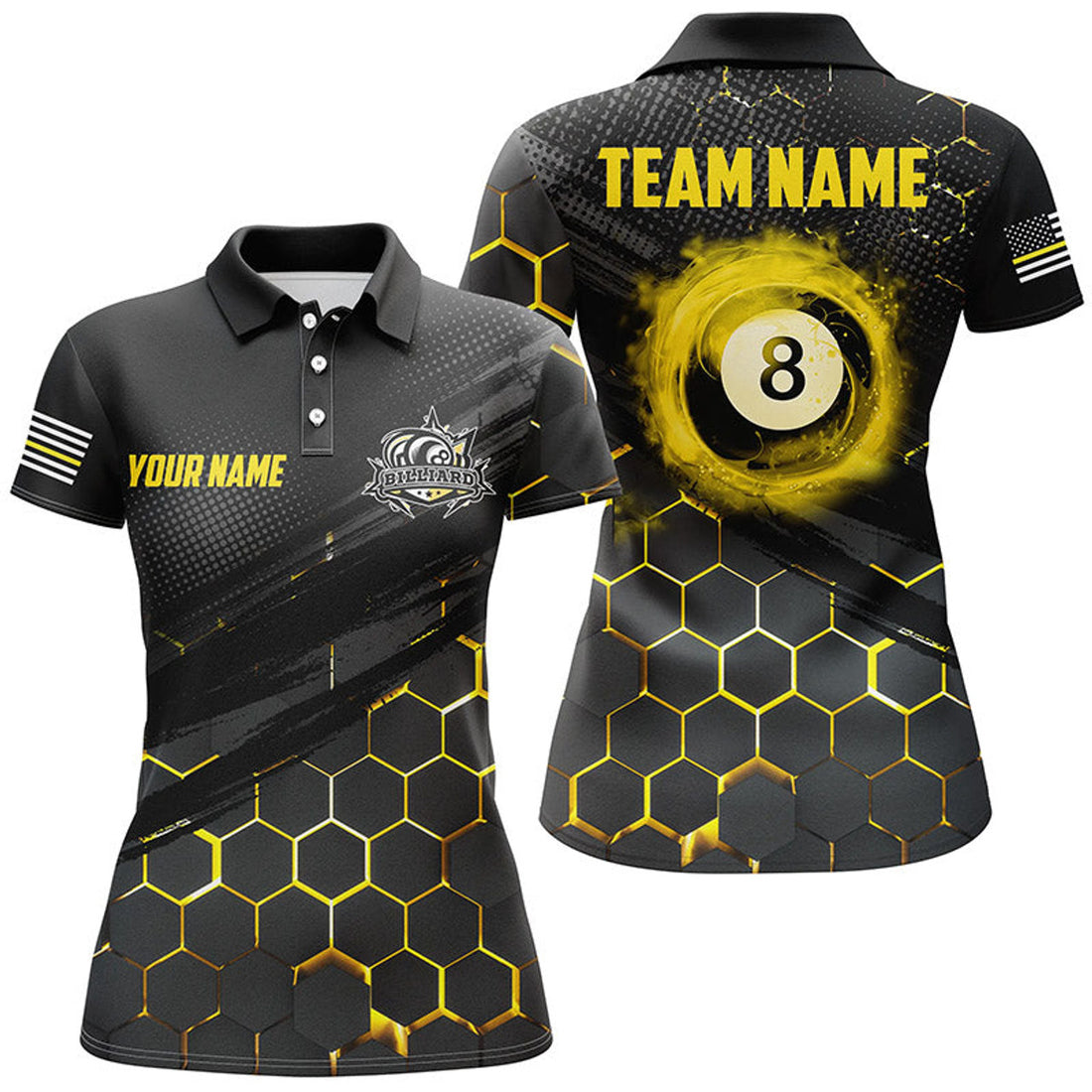 Custom Yellow And Black 8 Ball Pool Polo Shirts For Women Best Billiard Shirts Design For Player
