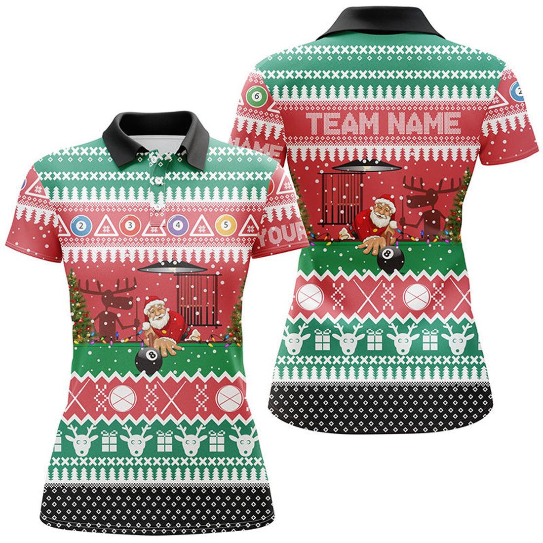 Custom Personalized Santa Playing Billiard Full Printing Women Polo Shirts Custom Christmas Billiard Shirts